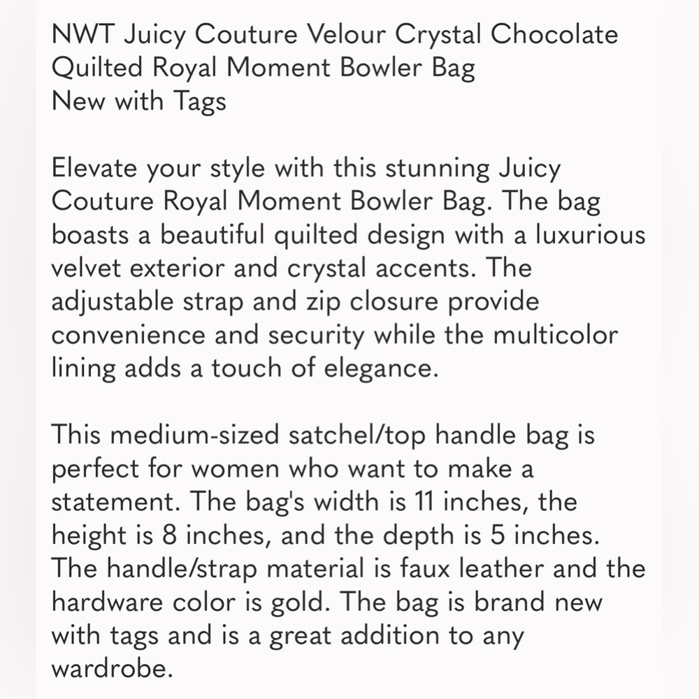 ❌SALE❌NWT Juicy Couture Velour Crystal Chocolate Quilted Royal Moment Bowler Bag - Picture 9 of 10